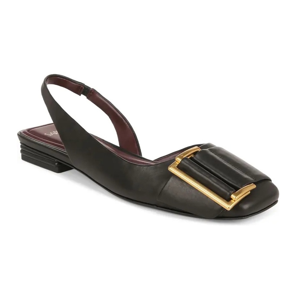 Franco Sarto Tracy Slingback Square Toe Flat Gold Buckle Black Leather Womens 9